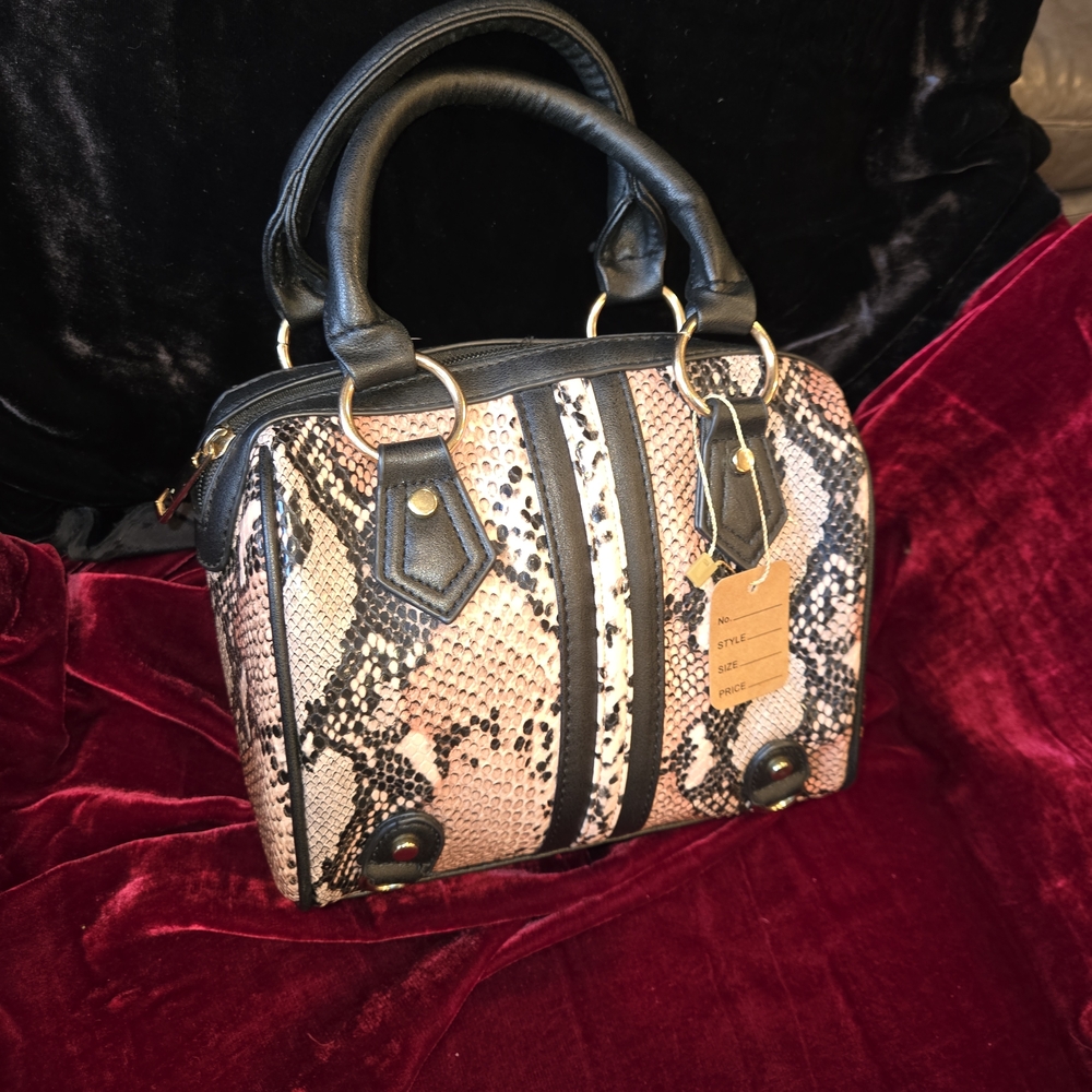 Snake Print Mini Satchel Handbag Black & Light Pink Structured Top Handle Bag